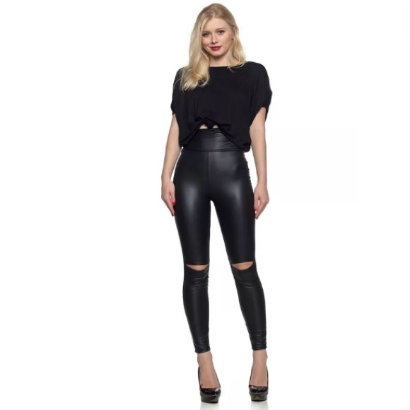 SOLD OUT Vegan Faux Leather High Waist Slit Knee Leggings - Picture 3 of 5